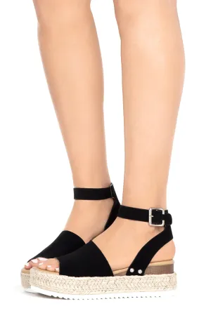 Soda Topic Open Toe Buckle Ankle Strap Espadrilles Flatform Wedge Casual Sandal (11, Black)