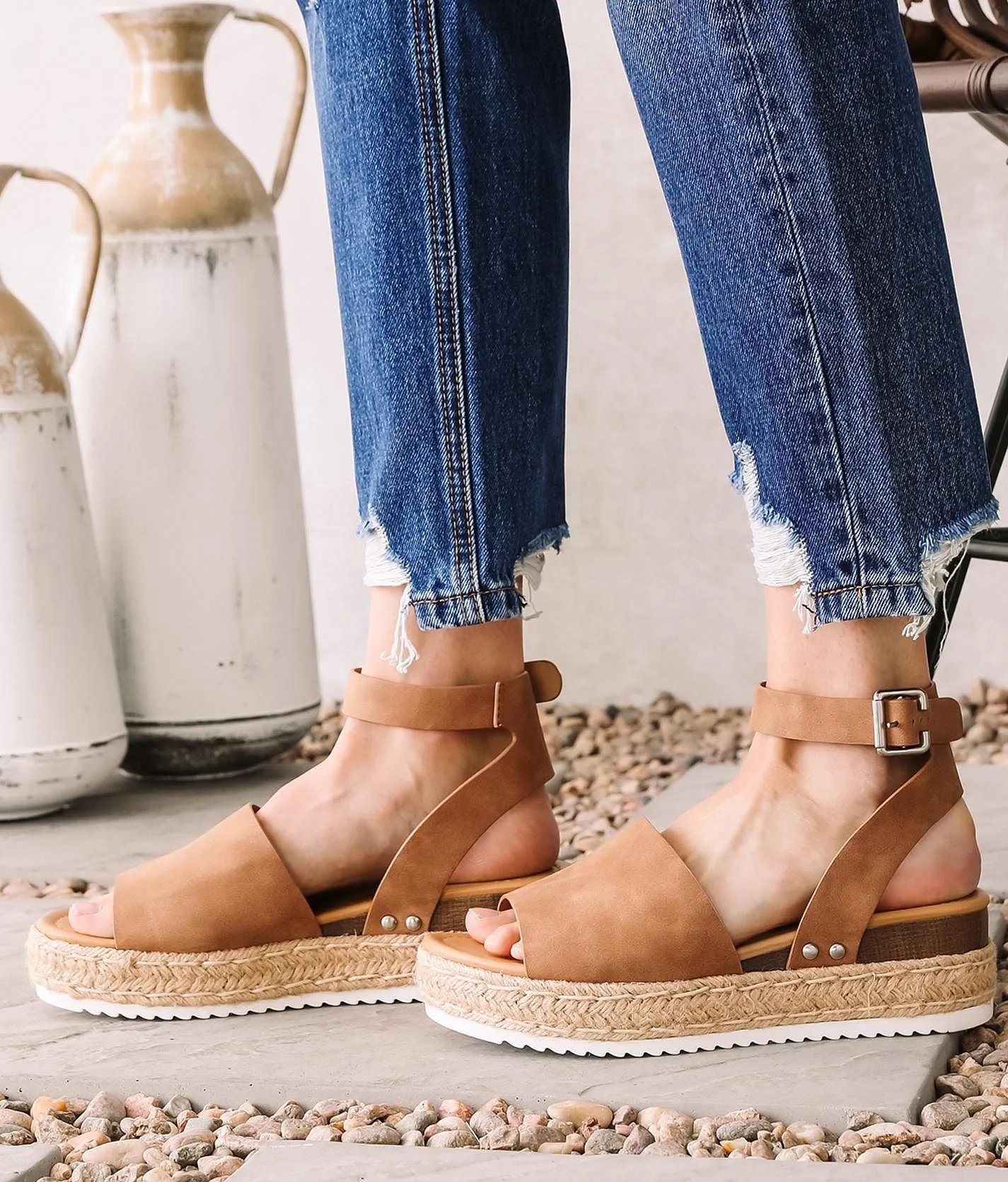 Soda Topic Open Toe Buckle Ankle Strap Espadrilles Flatform Wedge Casual Sandal (5.5, Tan)