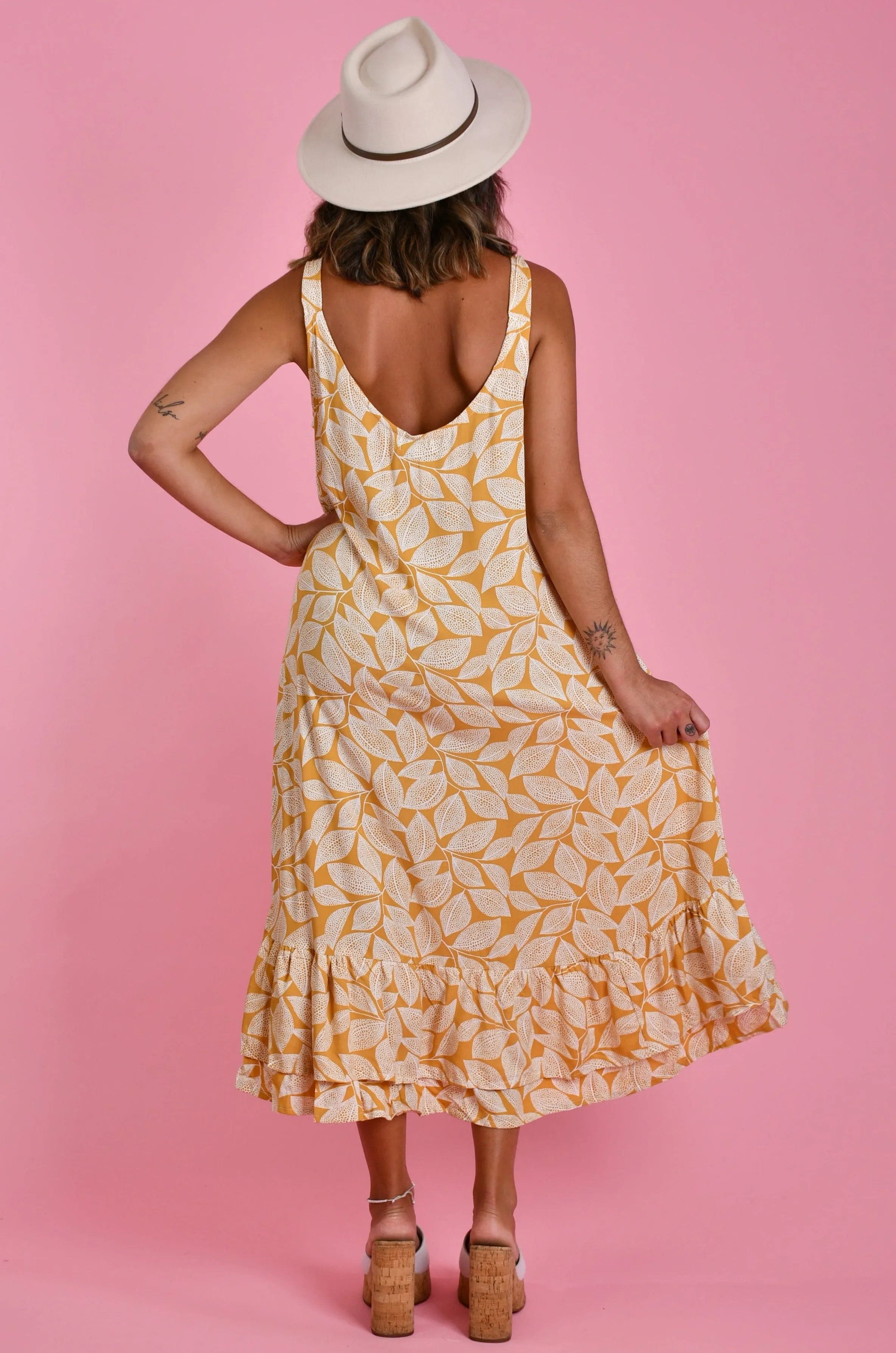 VBLD138 - LIA DOUBLE LAYER DRESS - SPOTTED LEAF MUSTARD