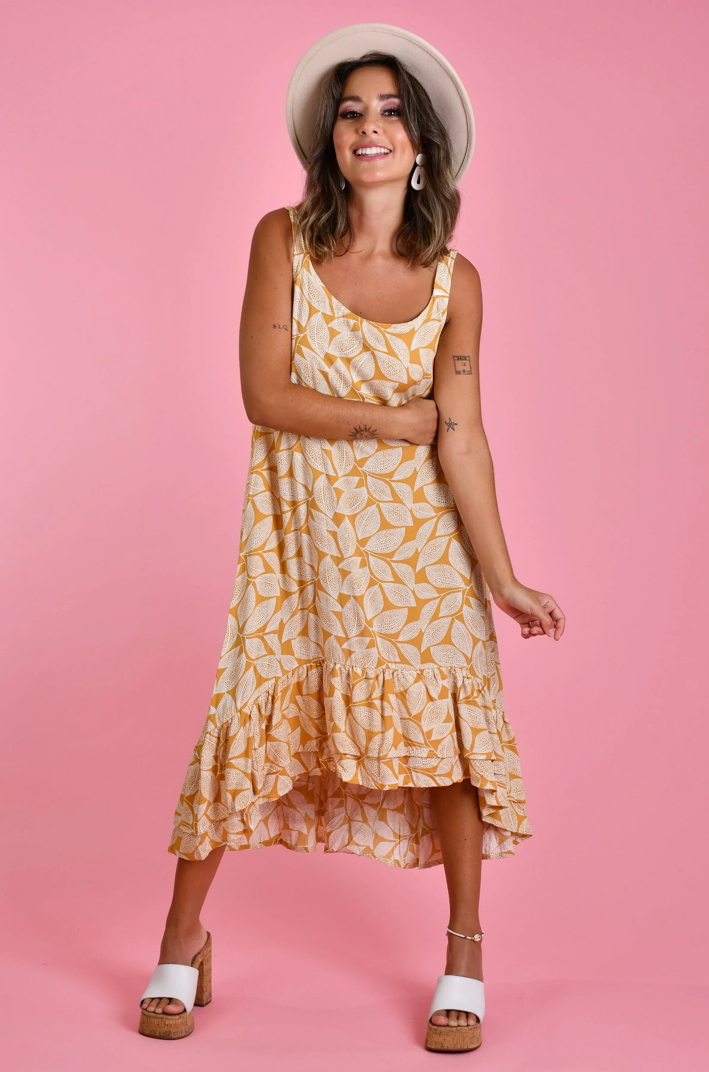 VBLD138 - LIA DOUBLE LAYER DRESS - SPOTTED LEAF MUSTARD
