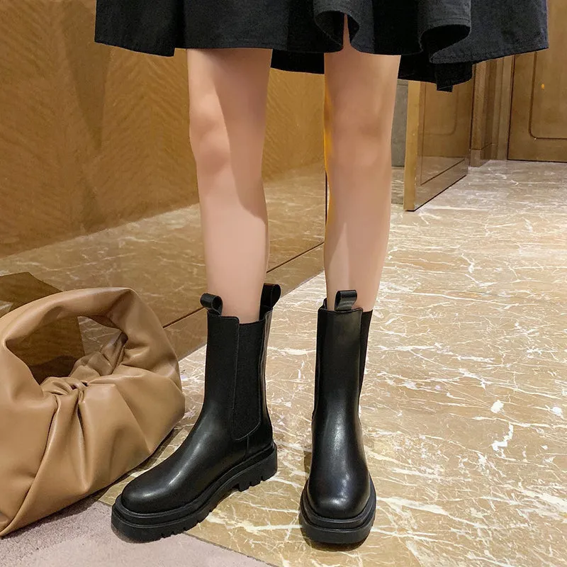 Women's black mid calf chelsea boots chunky platform short boots