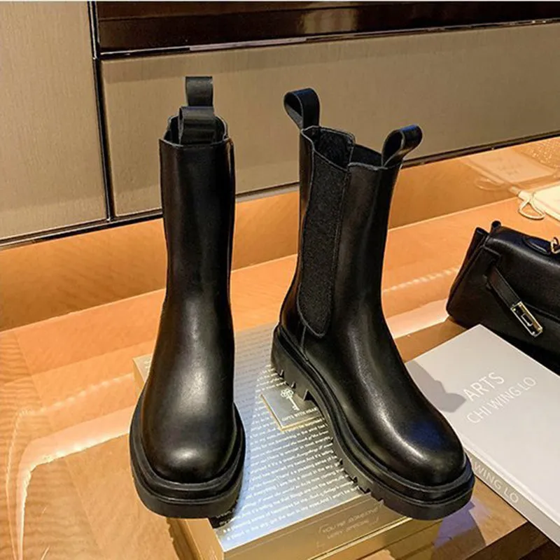 Women's black mid calf chelsea boots chunky platform short boots