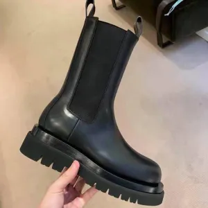 Women's black mid calf chelsea boots chunky platform short boots