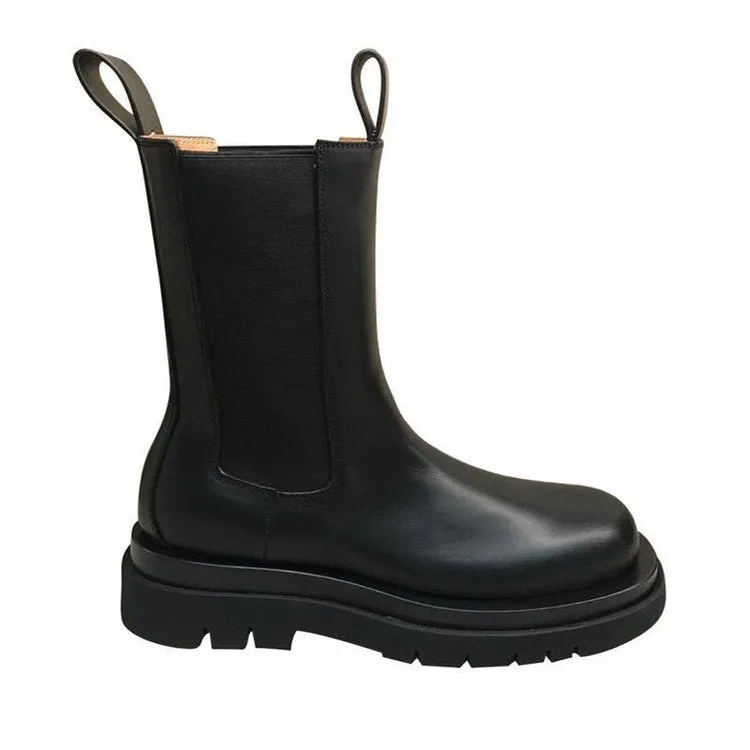Women's black mid calf chelsea boots chunky platform short boots