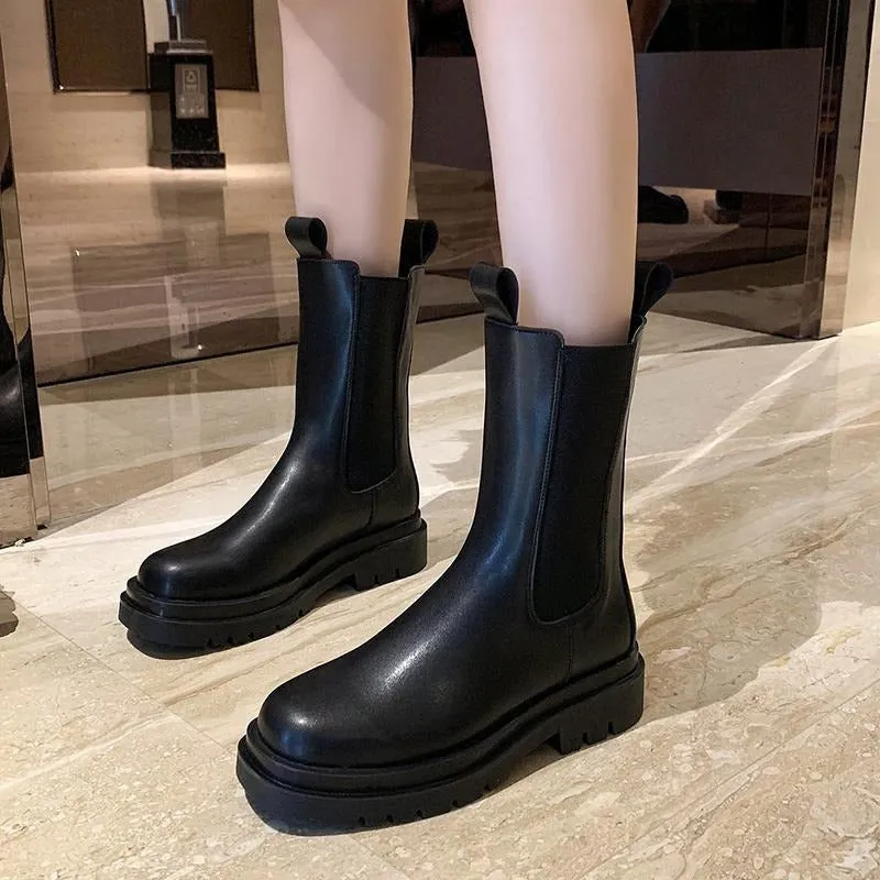 Women's black mid calf chelsea boots chunky platform short boots