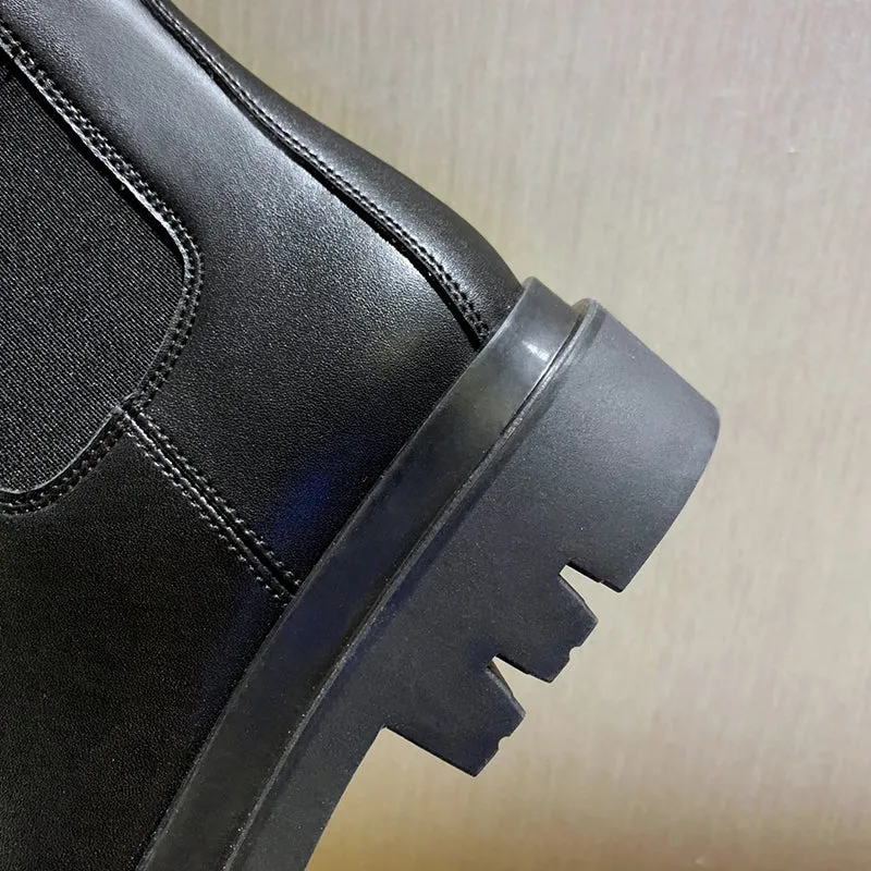 Women's black mid calf chelsea boots chunky platform short boots