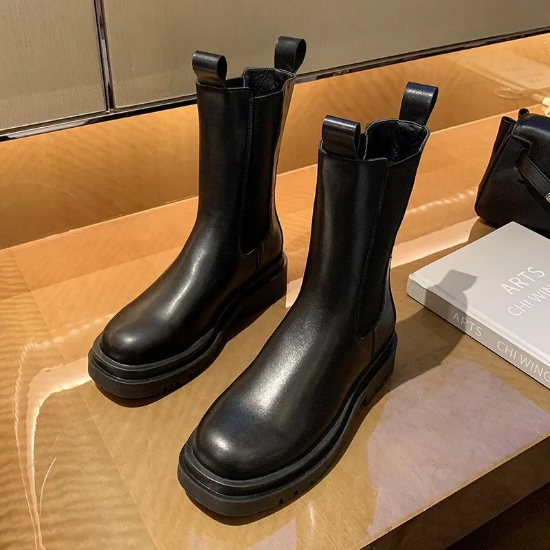 Women's black mid calf chelsea boots chunky platform short boots