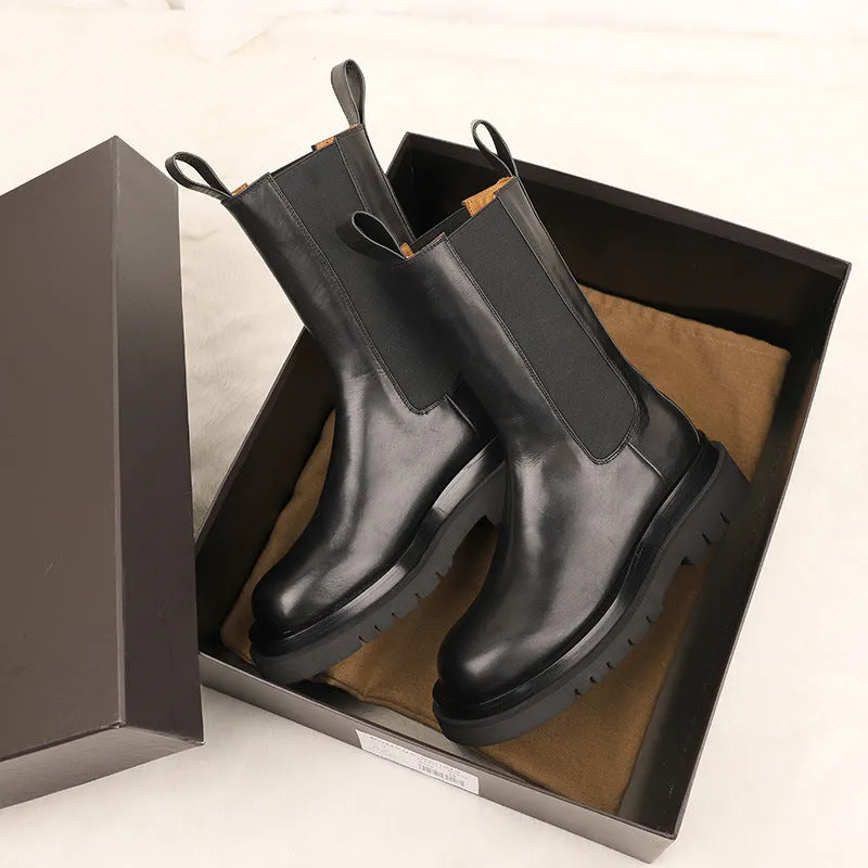 Women's black mid calf chelsea boots chunky platform short boots