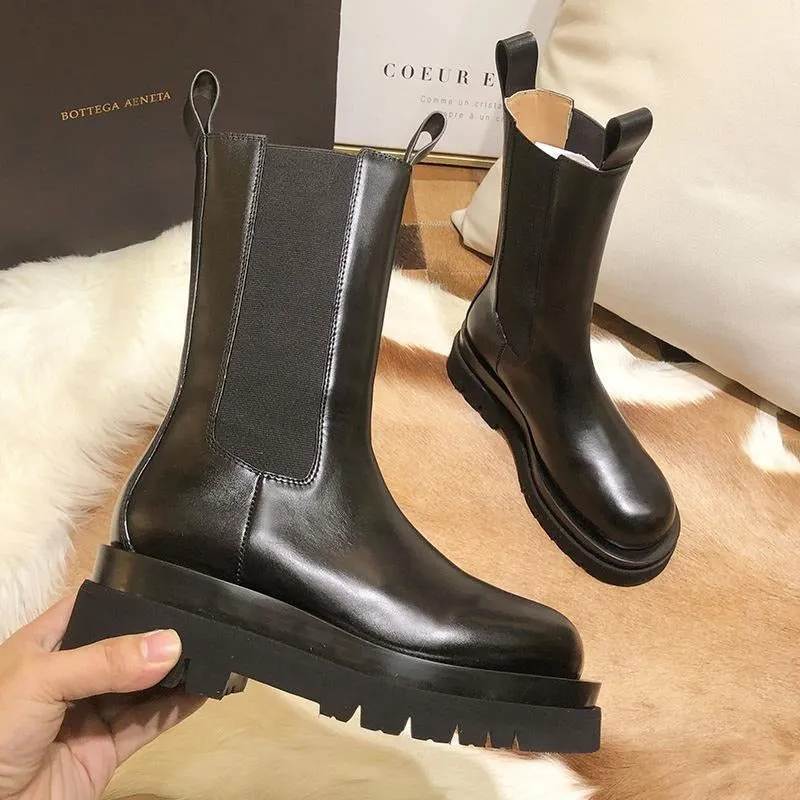 Women's black mid calf chelsea boots chunky platform short boots