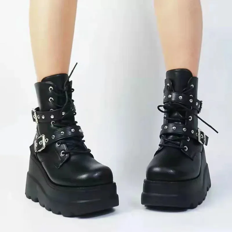 Women's PU Leather Ankle Boots - Autumn/Winter Round Toe Lace-Up Platform Shoes, Gothic Motorcycle Style Botas