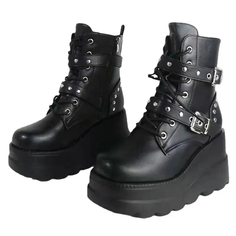Women's PU Leather Ankle Boots - Autumn/Winter Round Toe Lace-Up Platform Shoes, Gothic Motorcycle Style Botas