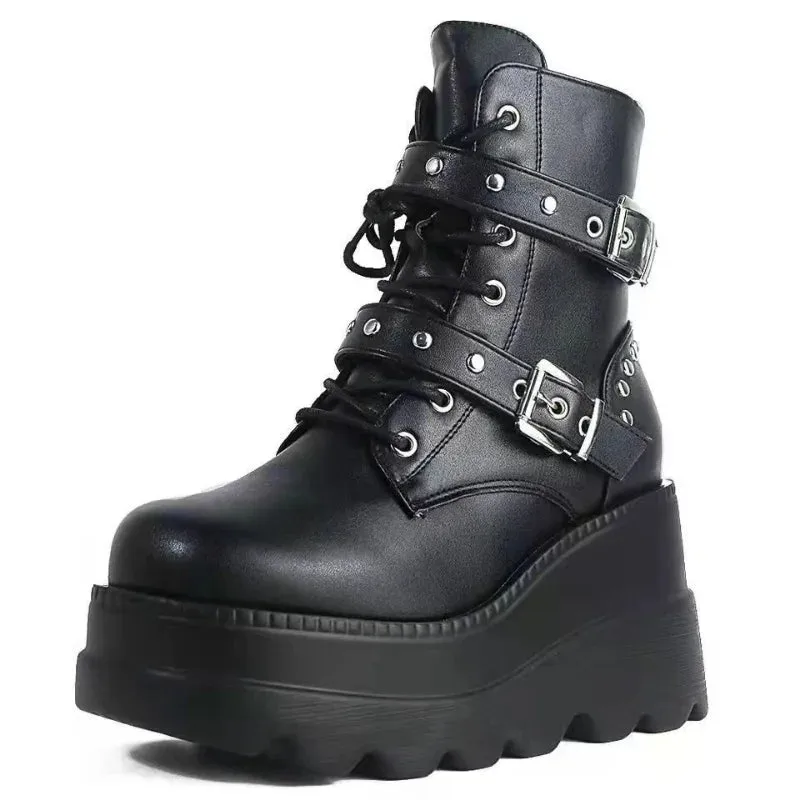 Women's PU Leather Ankle Boots - Autumn/Winter Round Toe Lace-Up Platform Shoes, Gothic Motorcycle Style Botas