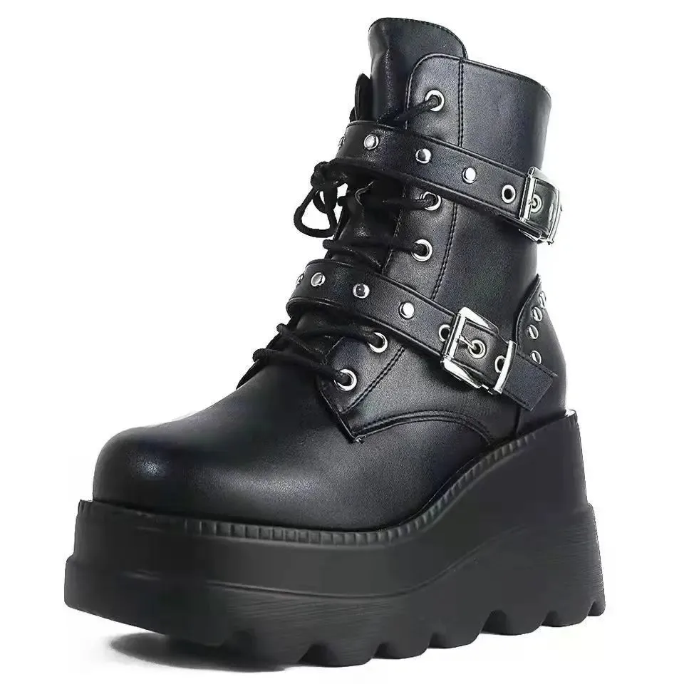 Women's PU Leather Ankle Boots - Autumn/Winter Round Toe Lace-Up Platform Shoes, Gothic Motorcycle Style Botas