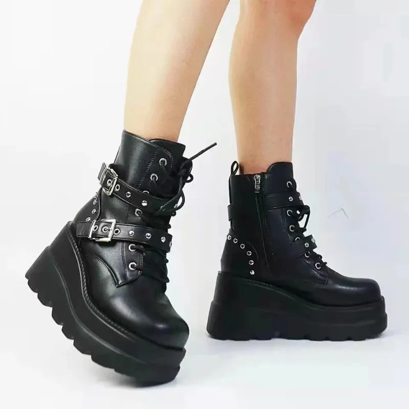 Women's PU Leather Ankle Boots - Autumn/Winter Round Toe Lace-Up Platform Shoes, Gothic Motorcycle Style Botas