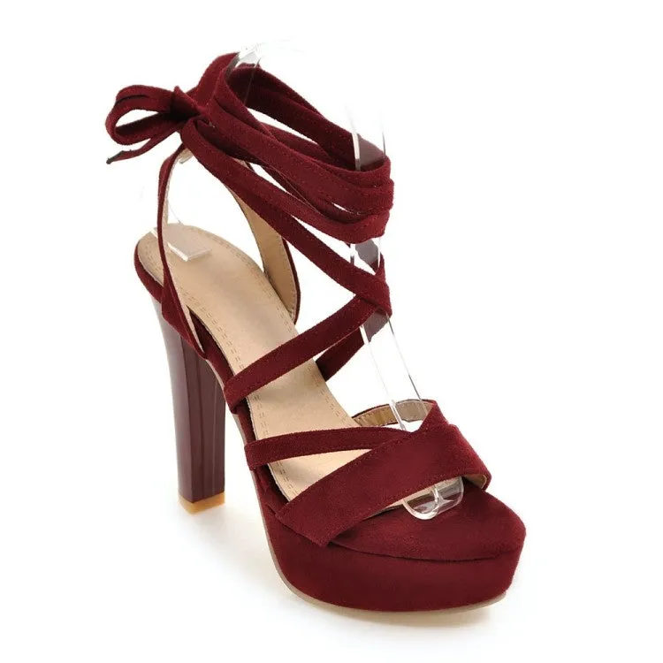 Women's Solid Color Cross Strap Back Butterfly Knot Platform Chunky Heel Platform Sandals