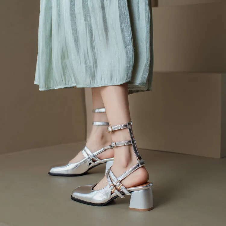 Women's Square Toe Patent Mary Janes Slingbacks Block Heel Sandals