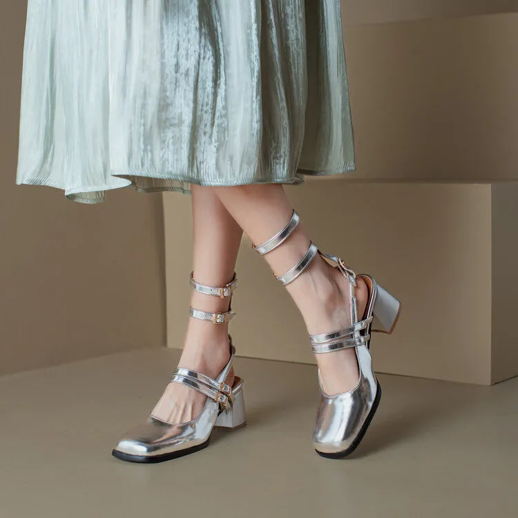 Women's Square Toe Patent Mary Janes Slingbacks Block Heel Sandals
