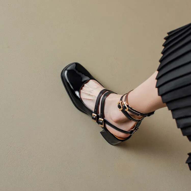 Women's Square Toe Patent Mary Janes Slingbacks Block Heel Sandals