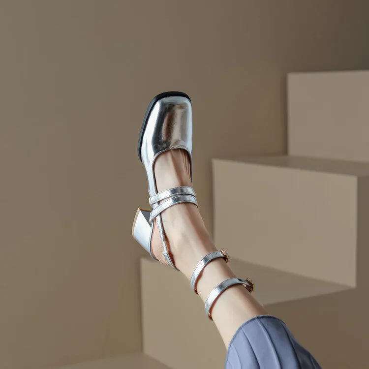Women's Square Toe Patent Mary Janes Slingbacks Block Heel Sandals