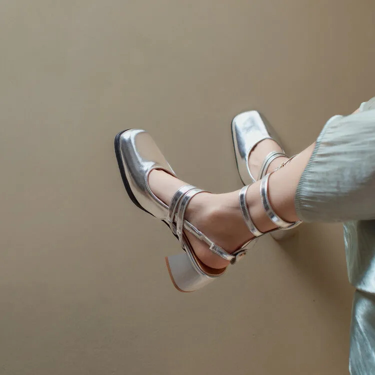 Women's Square Toe Patent Mary Janes Slingbacks Block Heel Sandals