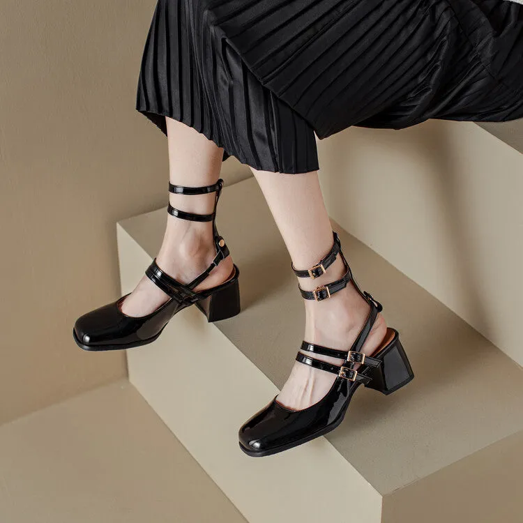 Women's Square Toe Patent Mary Janes Slingbacks Block Heel Sandals