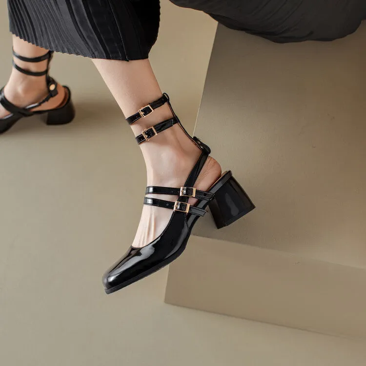 Women's Square Toe Patent Mary Janes Slingbacks Block Heel Sandals