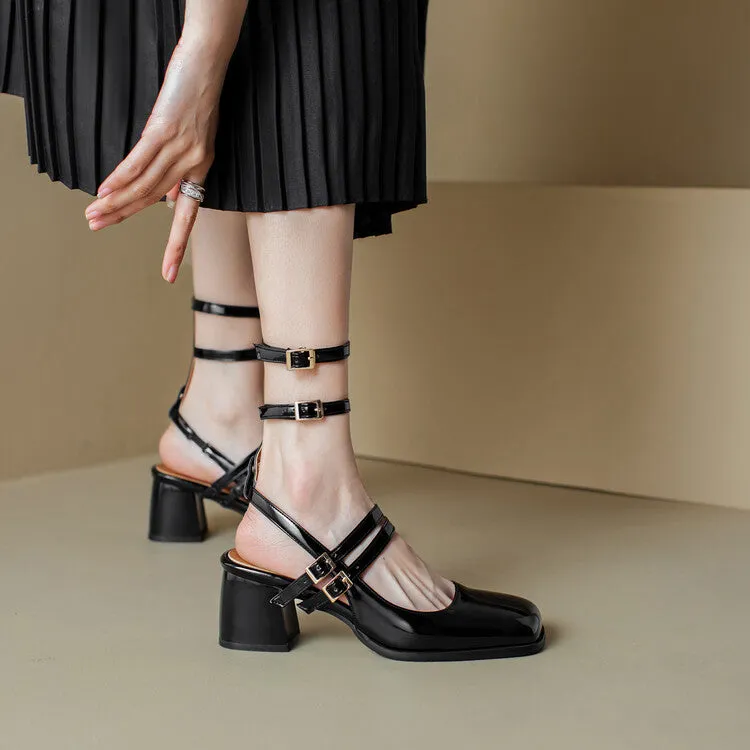 Women's Square Toe Patent Mary Janes Slingbacks Block Heel Sandals