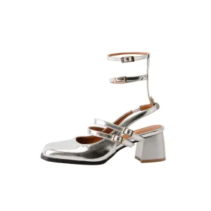 Women's Square Toe Patent Mary Janes Slingbacks Block Heel Sandals