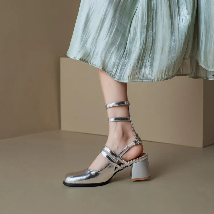 Women's Square Toe Patent Mary Janes Slingbacks Block Heel Sandals
