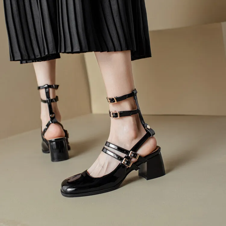 Women's Square Toe Patent Mary Janes Slingbacks Block Heel Sandals