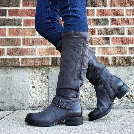 Women's vintage motorcycle boots low heel buckle strap biker boots