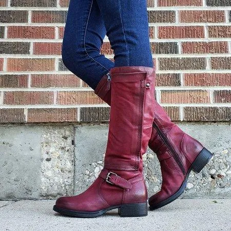 Women's vintage motorcycle boots low heel buckle strap biker boots