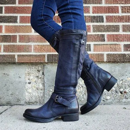 Women's vintage motorcycle boots low heel buckle strap biker boots