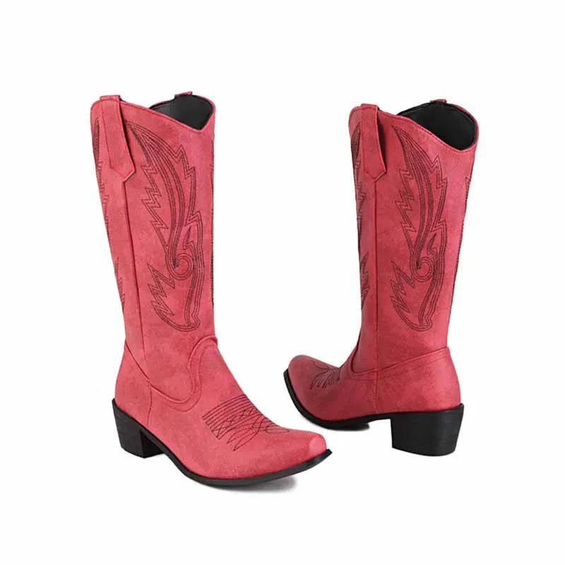 Women's Western Cowboy Boots Block Heel Mid Calf Cowgirl Boots